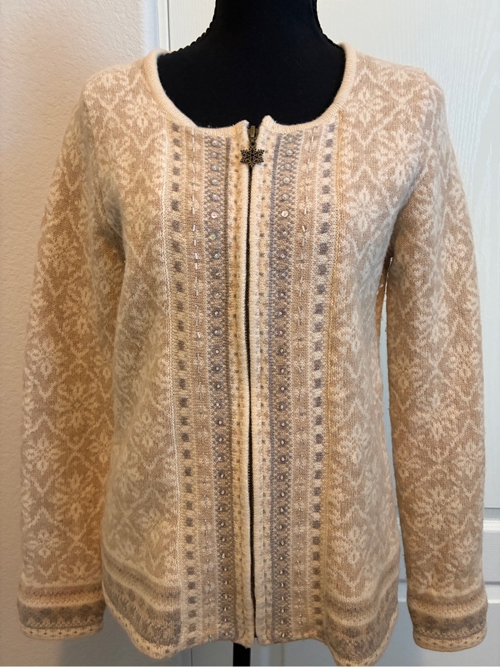Coldwater Creek Cream and Tan Zip-Front Nordic Cardigan